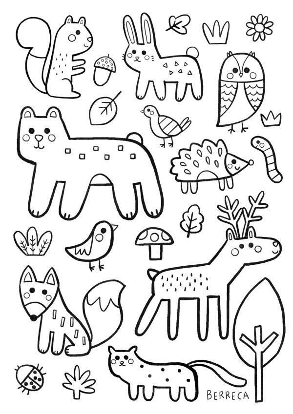Dibujo para colorear de animales en el bosque