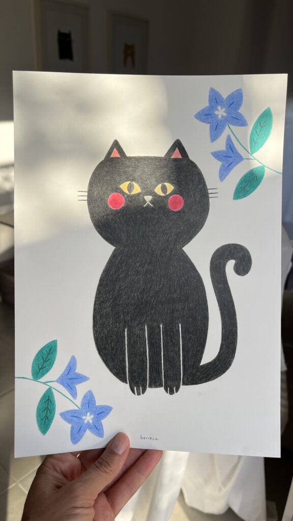 Retrato original a lápices de colores de Donald, gato negro, con flores azules