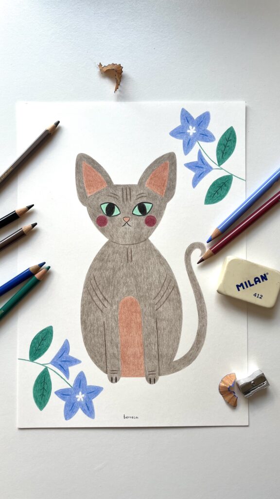 Retrato a lápices de colores de un gato esfinge