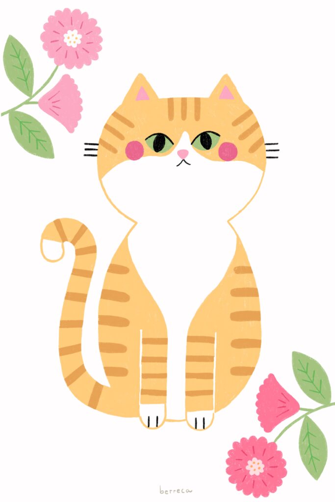 Retrato digital de Peter, gato naranja, con flores rosas